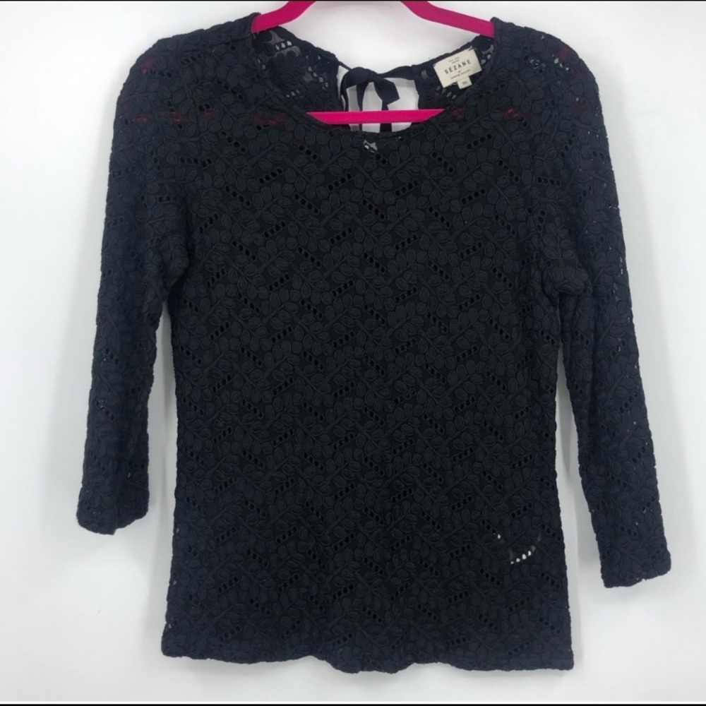 Sezane 34 Black Eve Tie Back Semi Sheer Blouse S